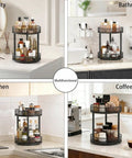 Two Pack Two Tier Lazy Susan Organizer Smooth Rotating Metal Turntable Total Win For Kitchen Pantry Spice Rack Bathroom Vanity And Deep Cabinet Storage, displayed in kitchens, bathrooms, and coffee bars.