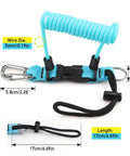 Scuba Diving Coil Lanyard With Spring Loaded Gate Clip, Stainless Steel, Quick Release Buckle, TPU Coated, Light Blue, Dimensions Shown