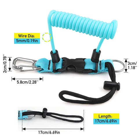Scuba Diving Coil Lanyard With Spring Loaded Gate Clip, Stainless Steel, Quick Release Buckle, TPU Coated, Light Blue, Dimensions Shown