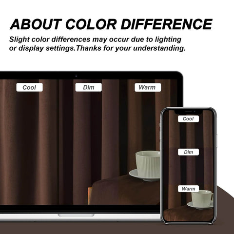 Luxury Velvet Blackout Curtains 96 Inches Long In Brown Tan Terracotta shown with color variations on laptop and phone screens