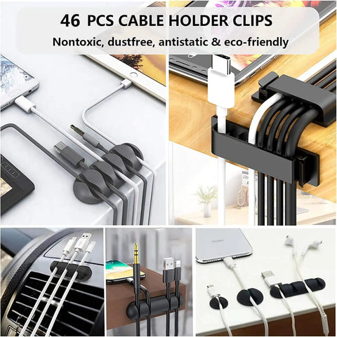 Collage showing 46 pcs cable holder clips in use on desk, car, and home setups for neat wire arrangement.