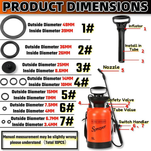 Sprayer Seal Ring Kit 10 Pcs O Rings for Pump Sprayers and Garden Sprayers, Replacement Gasket Set for Most 1 Gallon and 2 Gallon Sprayers, Durable Rubber Seals Fit Many Models. product dimensions chart with 10 rubber O-rings for a 5L sprayer