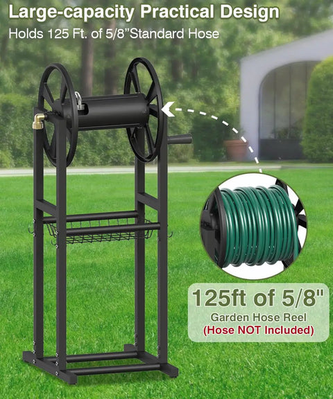 Beefy Freestanding Garden Hose Reel That Holds One Hundred Twenty Five Feet Of Five Eighths Inch Hose Capacity with Sturdy Base