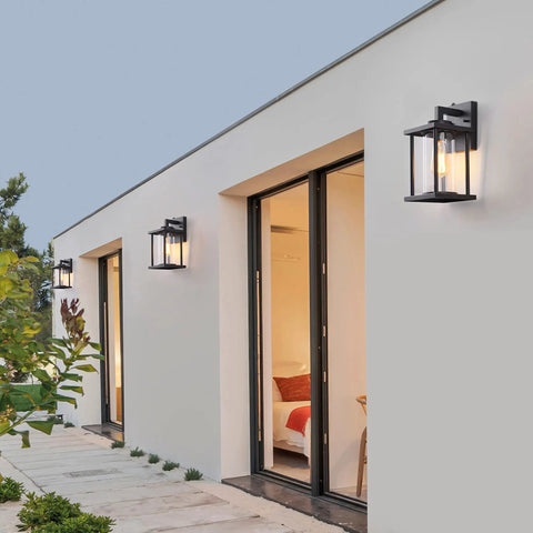 House exterior with 2 Pack Black Exterior Wall Light Fixtures With Dusk To Dawn Sensor, E26 Base Socket, Clear Glass, Waterproof Outdoor Lanterns