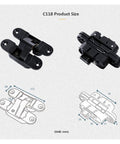 Diagram and dimensions of Three Dimensional Invisible Door Hinge with Silent Nylon Pads Adjustable Cross Zinc Alloy Concealed Hinge.