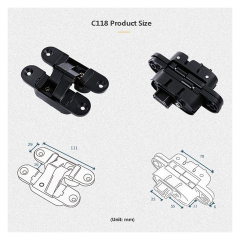 Diagram and dimensions of Three Dimensional Invisible Door Hinge with Silent Nylon Pads Adjustable Cross Zinc Alloy Concealed Hinge.