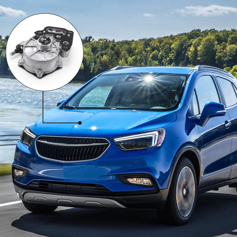 Brake vacuum pump (metallic) shown with front view of blue SUV and inset close-up of pump