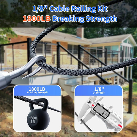 Close-up of Stainless Steel Cable Railing Kit With 1/8 Inch Wire, showing breaking strength and diameter, outdoor view.
