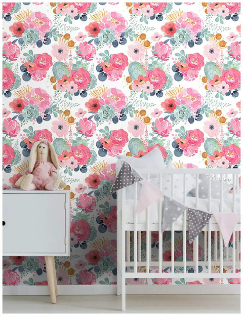 Peel And Stick White Floral Wallpaper With Pink Peonies And Eucalyptus For Nursery Or Bedroom Boho Vibe Removable Vinyl Contact Paper