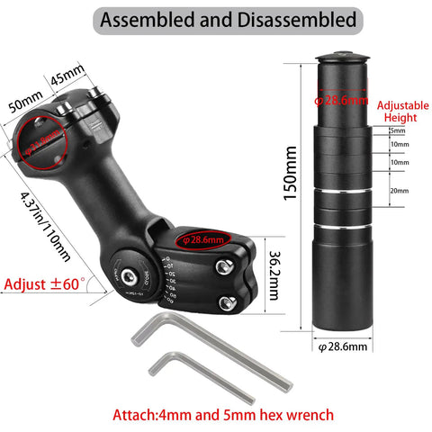 Adjustable Bike Stem Riser For Mountain And Road Bikes, 150mm Rise And 110mm Reach, aluminum, with hex wrenches displayed