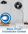 12 Inch Powder Coated Steel Wall Mount Fan Black, 1360 CFM Industrial Cooling Fan with 9ft Power Cord, Pull Cord Switch, ETL OSHA Compliant mounted on wall.