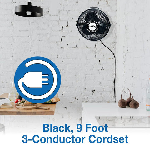 12 Inch Powder Coated Steel Wall Mount Fan Black, 1360 CFM Industrial Cooling Fan with 9ft Power Cord, Pull Cord Switch, ETL OSHA Compliant mounted on wall.