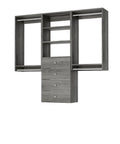 Top Shelf Grey Closet Organizer Kit Measuring 67.5 Inches Across with double hanging rods and four drawers in gray.