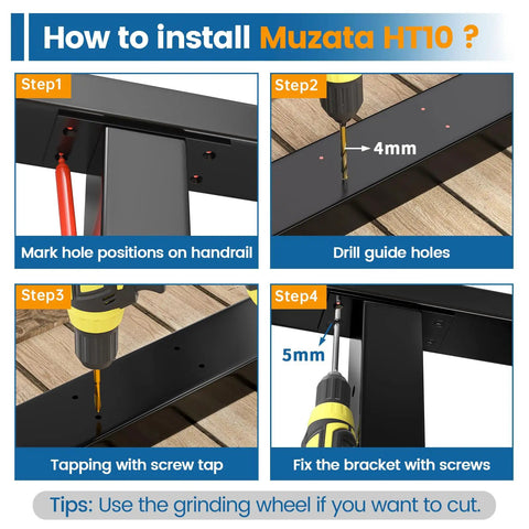 Installation steps for black stainless steel cable railing handrail including measuring, drilling, and securing on deck.