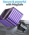 Kaistyle MagSafe car mount, purple ribbed exterior, holding a phone on car dashboard (front view)