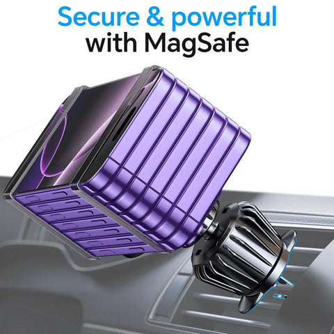 Kaistyle MagSafe car mount, purple ribbed exterior, holding a phone on car dashboard (front view)