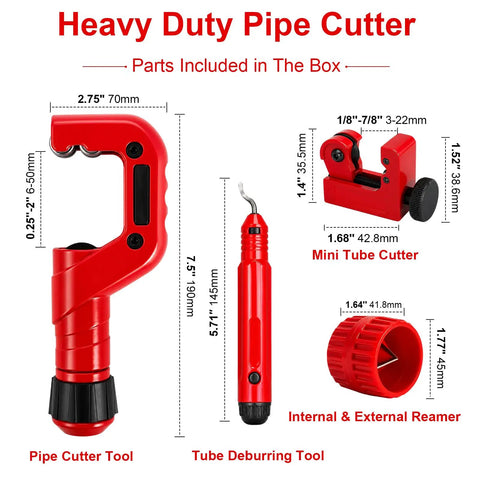 Heavy Duty 4 Piece Pipe And Tubing Cutter Set With Deburring Tool And Reamer For Pros Includes Internal And External Reamer Mini Tube Cutter And Full Deburring Kit For Fast Clean Cuts On Copper Steel And Plastic Piping, showing red tools with measurements.