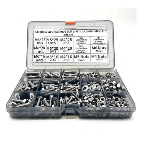All In One 496 Piece Stainless Steel Hex Head Bolt And Nut Kit For Home Shop And Auto Use in open box with organized compartments