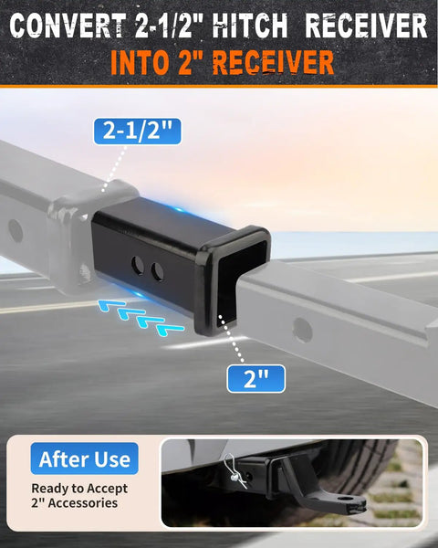 Two And One Half Inch To Two Inch Trailer Hitch Receiver Adapter Reducer Sleeve Alloy Steel With Five Eighth Inch Pin