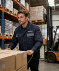 Custom Heavy Duty Work Jacket For Men And Women, Rugged Tear Resistant Mechanic Outerwear, Personalized Company Logo during warehouse use.