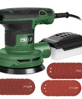 Solid Heavy Duty Five Inch Random Orbital Sander With Sweet Variable Speed Control Up To Thirteen Thousand Rpms And No Dust Cleanup Plus Loads Of Twenty One Piece Sandpaper For Easy Refinishing Jobs.