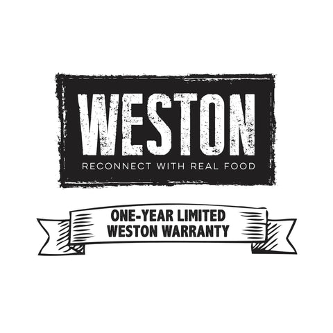 Weston logo with slogan 'Reconnect with Real Food' and 'One-Year Limited Weston Warranty', kitchen appliance branding.