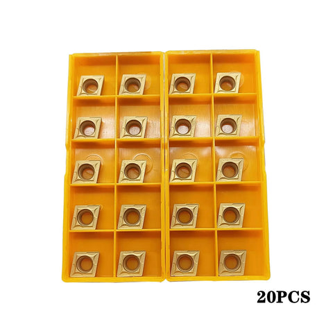 20pcs CCMT carbide turning inserts CCMT09T304/CCMT32.51, multilayer coated, in a yellow plastic organizer tray