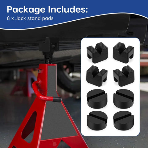 8-pack rubber jack stand pads and adapters for pinch-weld frames; black, universal fit