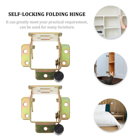 Front view of two folding hinges for furniture legs, iron brackets with mounting flanges and screw holes.