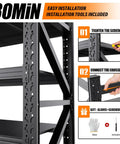 Hella Sturdy Heavy Duty Metal Storage Shelves With Rock Solid Frame And No Sweat Setup Four Tier Adjustable Garage Shelving Rack For Home Shop Or Warehouse installation process showing tools and steps.