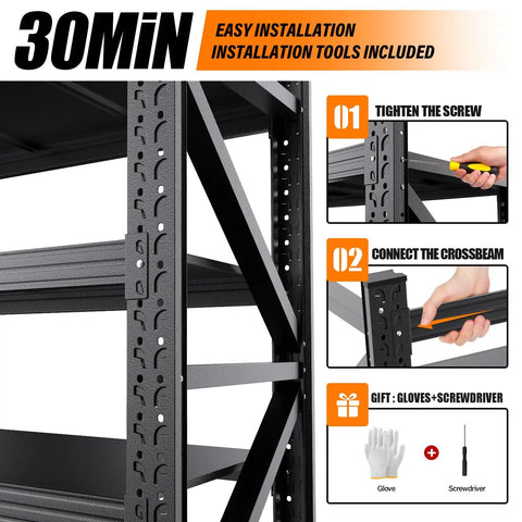 Hella Sturdy Heavy Duty Metal Storage Shelves With Rock Solid Frame And No Sweat Setup Four Tier Adjustable Garage Shelving Rack For Home Shop Or Warehouse installation process showing tools and steps.