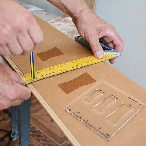 Measuring wood with ruler while using Badass Butterfly Router Template Set For Woodworking Featuring Slick Bowtie Jig Kit.