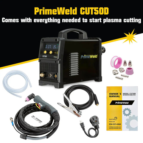 50 Amp Air Inverter Plasma Cutter Portable Cutting Machine With Dual Voltage 110V 220V Auto Voltage Switch One Half Inch Clean Cut Capability Rugged Workhorse Pro Kit Easy Setup For On The Go Projects CUT50D with accessories
