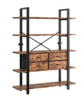 Industrial 5-Tier Bookshelf With Open Storage And Four Drawers, Sturdy Metal Frame And Durable Particleboard Shelves For Books, Decor, And Collectibles