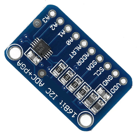 Sixteen Bit I2C Analog To Digital Converter Development Board With Programmable Gain Amplifier and ADC Module, blue circuit board.