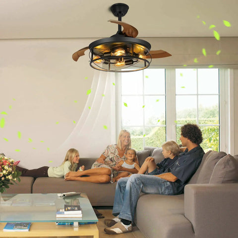 42 Inch Retractable Ceiling Fan With Lights Remote Control And Wall Switch Inverter Dual Control Six Speeds Living Room
