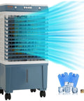 Evaporative Air Cooler 1400 CFM 11 X 31 Inch Portable Swamp Cooler with 3 speeds shown emitting cool air, ice packs on the side