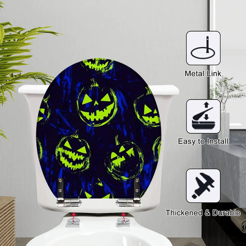 Round Resin Toilet Seat for Bathroom with Halloween pumpkin design featuring adjustable metal link hinges.