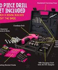 Girls Power Drill Set With Realistic Drilling Action 60 Piece Tool Kit Rechargeable Cordless Pink Drill With LED Light Learning And Building Construction Kit For Kids Includes Carrying Case And Charger displayed open with tools inside