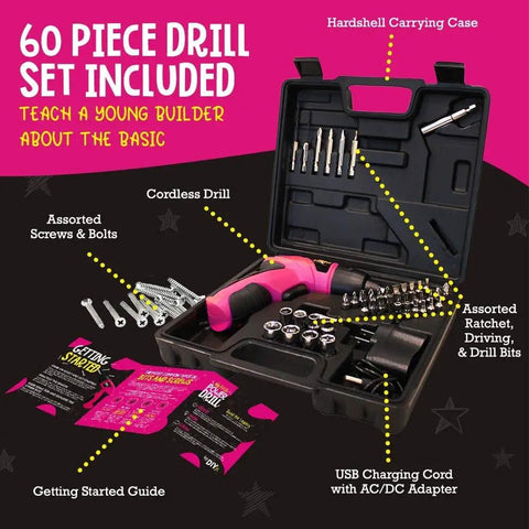 Girls Power Drill Set With Realistic Drilling Action 60 Piece Tool Kit Rechargeable Cordless Pink Drill With LED Light Learning And Building Construction Kit For Kids Includes Carrying Case And Charger displayed open with tools inside