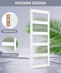 Sliding Glass Barn Door 30x84 Inches With 5 Ft Hardware Kit And Handle Included, 5-Panel Frosted Glass, Solid Wood Wrapped In White Waterproof PVC Surface, Pre-Drilled Holes For Easy Assembly, Sleek Modern Durable Rustic Style.