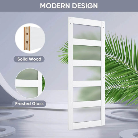 Sliding Glass Barn Door 30x84 Inches With 5 Ft Hardware Kit And Handle Included, 5-Panel Frosted Glass, Solid Wood Wrapped In White Waterproof PVC Surface, Pre-Drilled Holes For Easy Assembly, Sleek Modern Durable Rustic Style.