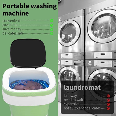 Slick Portable Washing Machine With Dependable Spin Basket, Foldable Mini Washer For Apartment Or College Dorm, Three Cycle Deep Clean Collapsible Laundry Tub In Green, viewed with lid open and water inside.