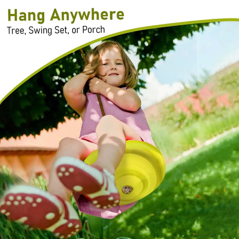 Tree Swing Disc Seat for Kids Yellow Round Outdoor Backyard Swing With 220lbs Capacity Perfect for Ages 3 To 10 Adjustable Rope 55 To 71 Inches Durable Poly Rope and Weather Ready Frame All Day Outdoor Fun in use by a child