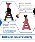 Pair of FITHOIST 6-ton jack stands (black/red) with double-pin locking and rubber pads; front view of black stand, side view of red stand.