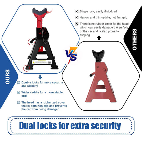 Pair of FITHOIST 6-ton jack stands (black/red) with double-pin locking and rubber pads; front view of black stand, side view of red stand.