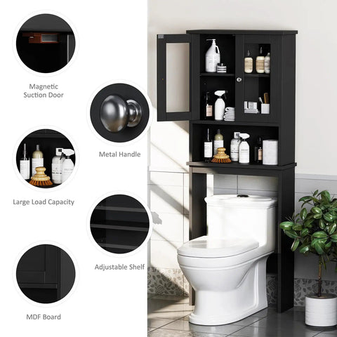 Over The Toilet Storage Cabinet For Bathroom, Black Space Saver With Two Tempered Glass Doors, Wood Construction CARB P2 Compliant Moisture Resistant Open Shelf And Enclosed Cabinet installed above toilet.