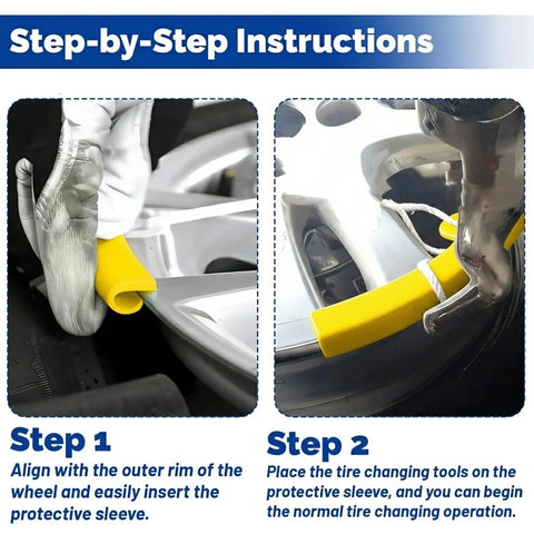 Gloved hand placing yellow 5 Pack Rim Protectors For Tire Changing Universal Wheel Guards on a motorcycle rim during tire change.