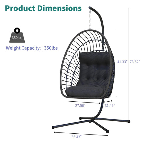 Egg Chair With Stand For Indoor Outdoor Use, Foldable Rattan Wicker Hanging Swing, product dimensions, weight capacity 350 lbs