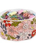 Ceramic Paper Clip Holder with Gold Line Dispenser, floral pink design, filled with assorted clips, desk organizer focus